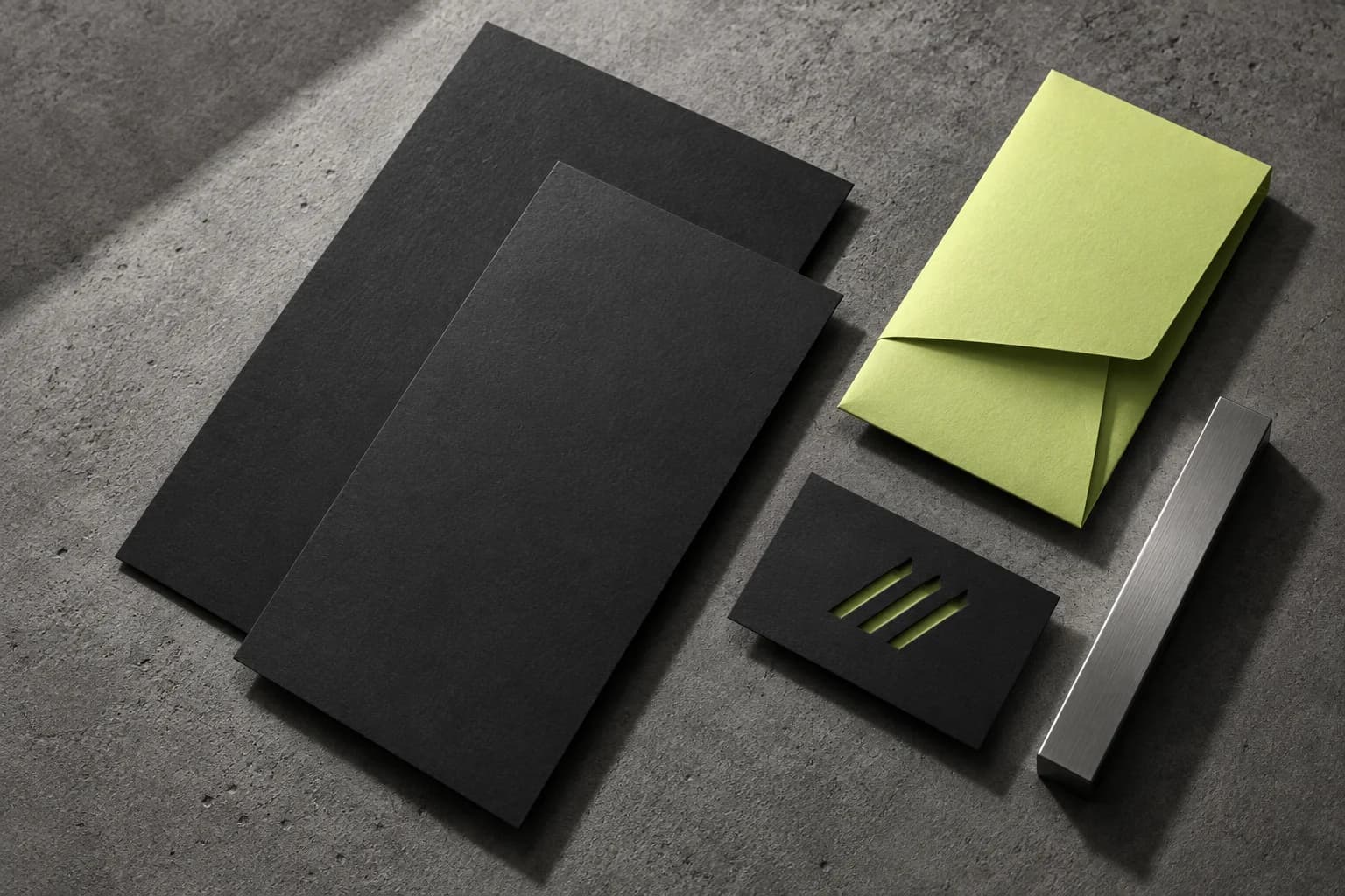 Conceptual minimalist black and lime brand identity materials