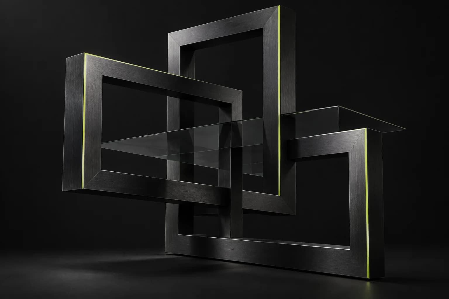 Conceptual interlocking dark metal frames with lime illuminated edges
